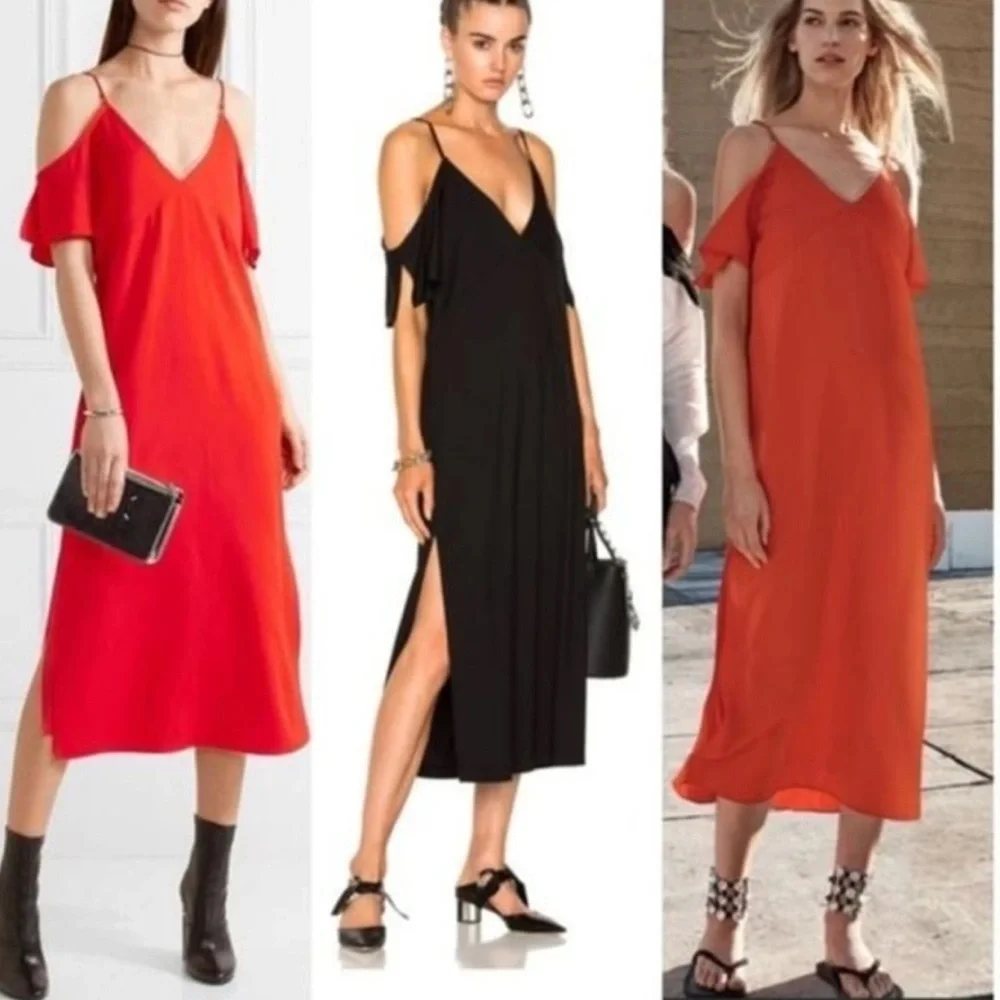 ALEXANDER WANG Cold Shoulder V Neck Crepe Midi Dress in Red Size 6